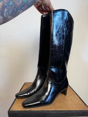 BCBG Black Patent Knee-High Pointed-Toe Heeled Boots